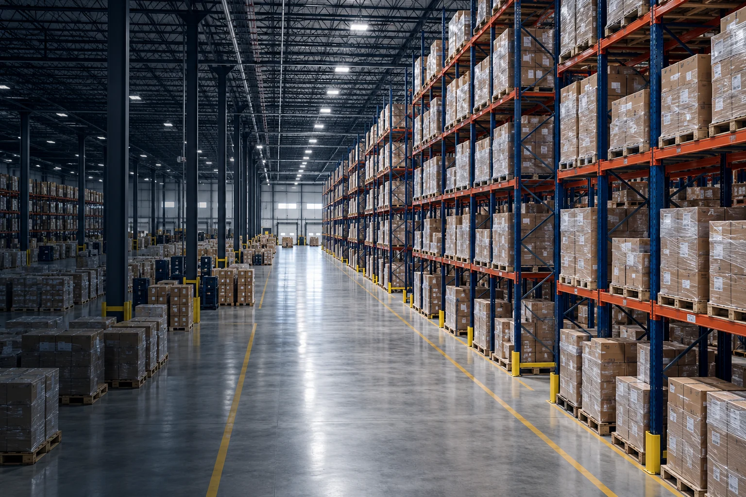 Interior of a large warehouse with high pallet racks — thematic visualisation